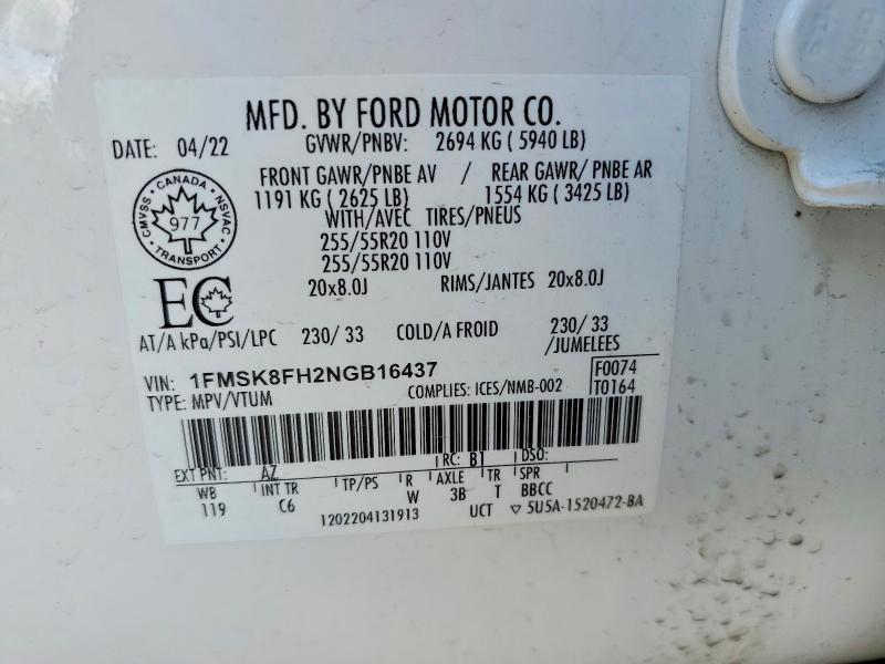 Aukcja sprzedaży 2022 Ford Explorer, vin: 1FMSK8FH2NGB16437, numer aukcji: 57571646