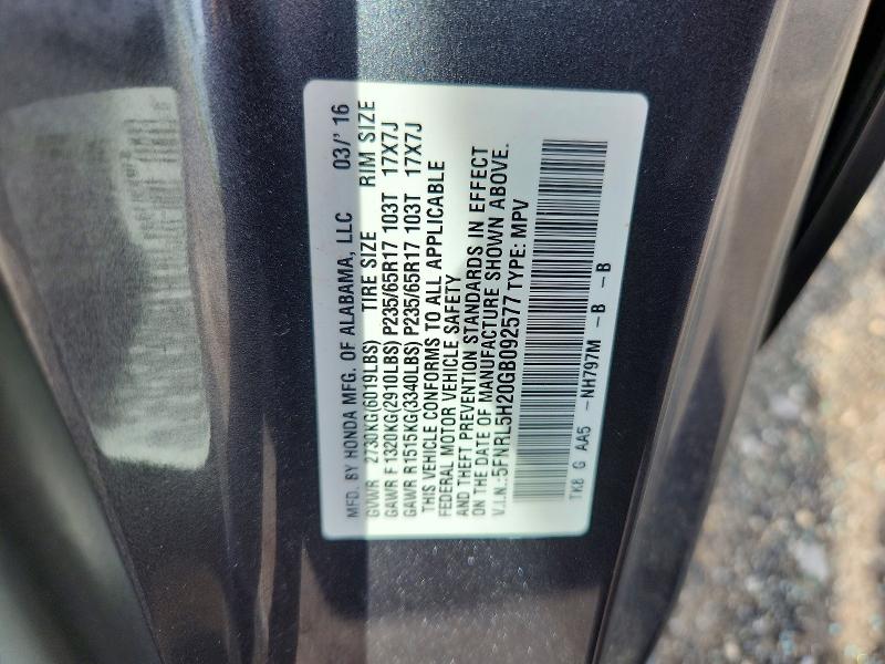 58807776 :رقم المزاد ، 5FNRL5H20GB092577 vin ، 2016 Honda Odyssey مزاد بيع