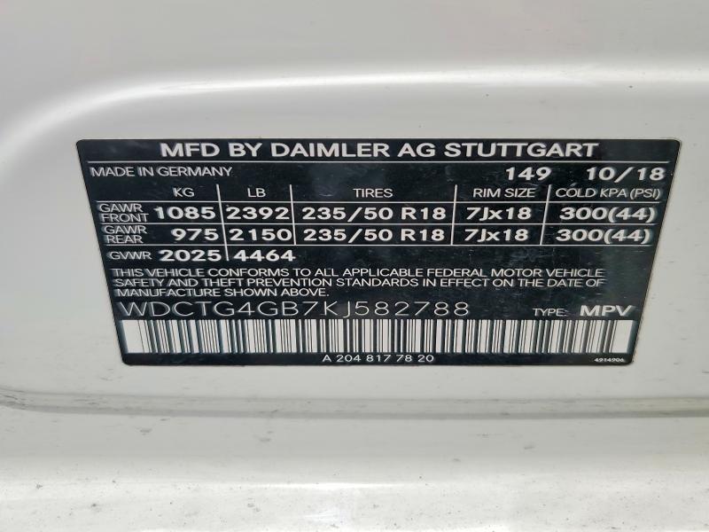 2019 Mercedes-benz Gla მანქანა იყიდება აუქციონზე, vin: WDCTG4GB7KJ582788, აუქციონის ნომერი: 56229666