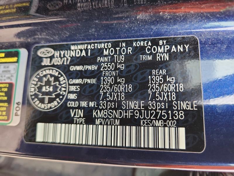Aukcja sprzedaży 2018 Hyundai Santa Fe, vin: KM8SNDHF9JU275138, numer aukcji: 58943946
