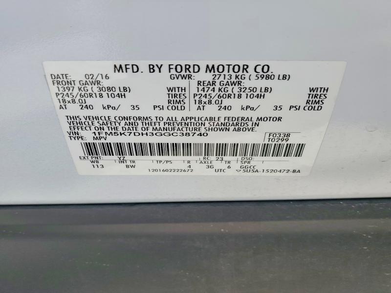 56318096 :رقم المزاد ، 1FM5K7DH3GGC38740 vin ، 2016 Ford Explorer مزاد بيع