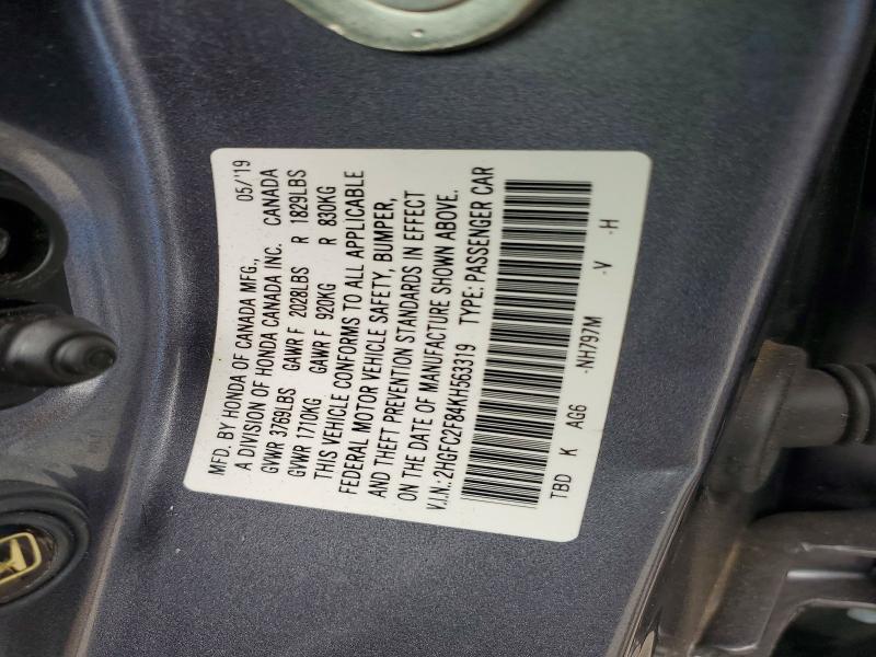 Продаж на аукціоні авто 2019 Honda Civic, vin: 2HGFC2F84KH563319, номер лоту: 56529406