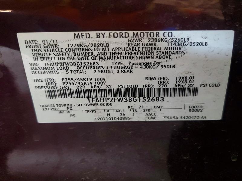 Продажа на аукционе авто 2011 Ford Taurus, vin: 1FAHP2FW3BG152683, номер лота: 57876566