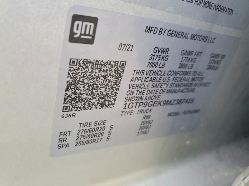 57410436 :رقم المزاد ، 1GTP9GEK9MZ387415 vin ، 2021 Gmc Sierra مزاد بيع