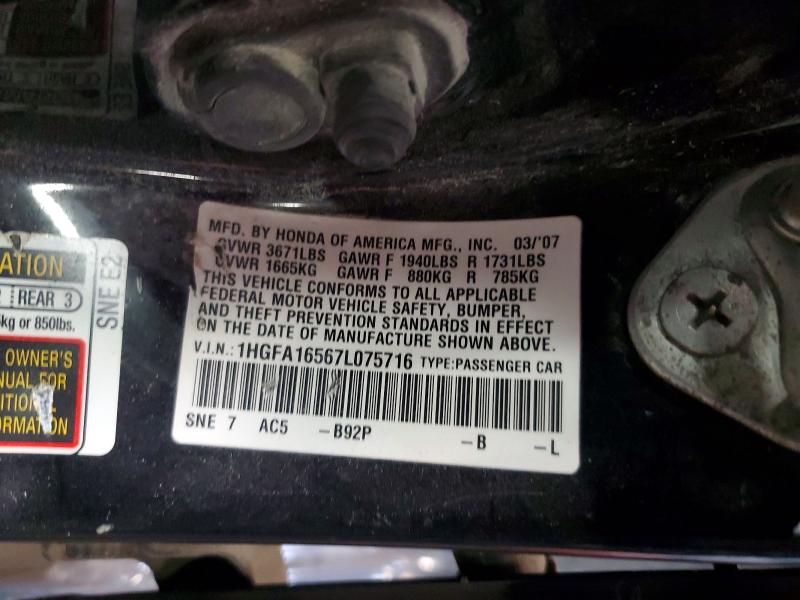 Продажа на аукционе авто 2007 Honda Civic, vin: 1HGFA16567L075716, номер лота: 59004886