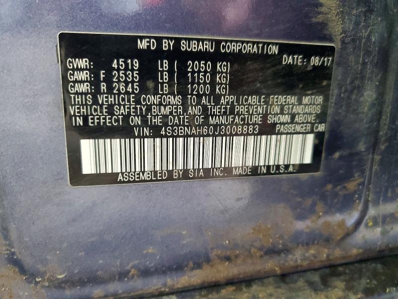 2018 Subaru Legacy მანქანა იყიდება აუქციონზე, vin: 4S3BNAH60J3008883, აუქციონის ნომერი: 57297546