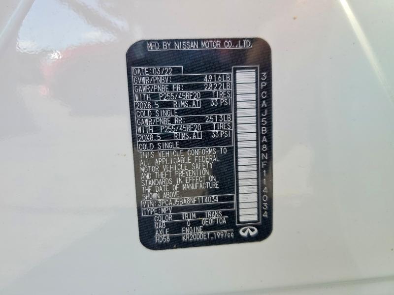 Aukcja sprzedaży 2022 Infiniti Qx50, vin: 3PCAJ5BA8NF114034, numer aukcji: 58134536