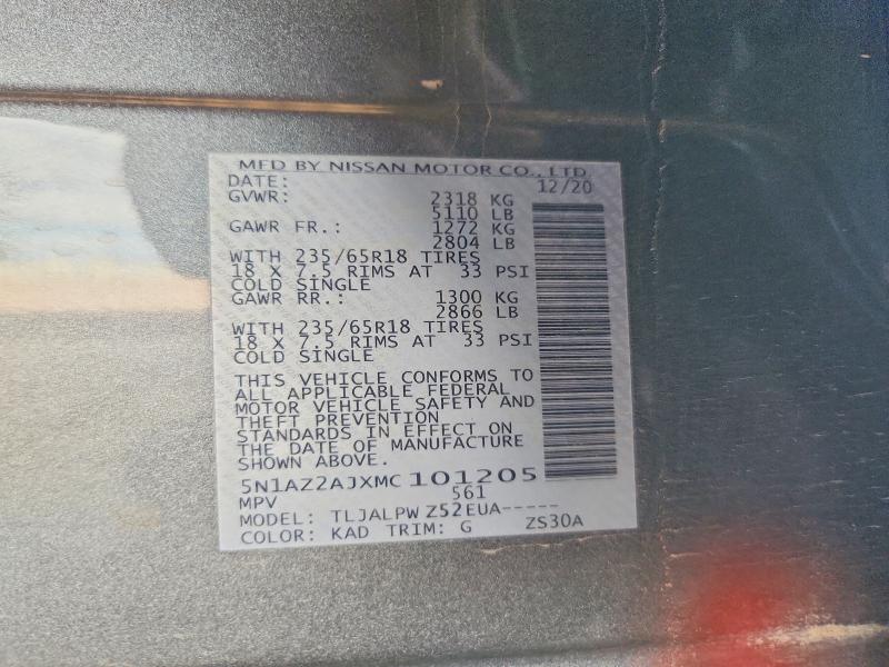 2021 Nissan Murano მანქანა იყიდება აუქციონზე, vin: 5N1AZ2AJXMC101205, აუქციონის ნომერი: 59011496