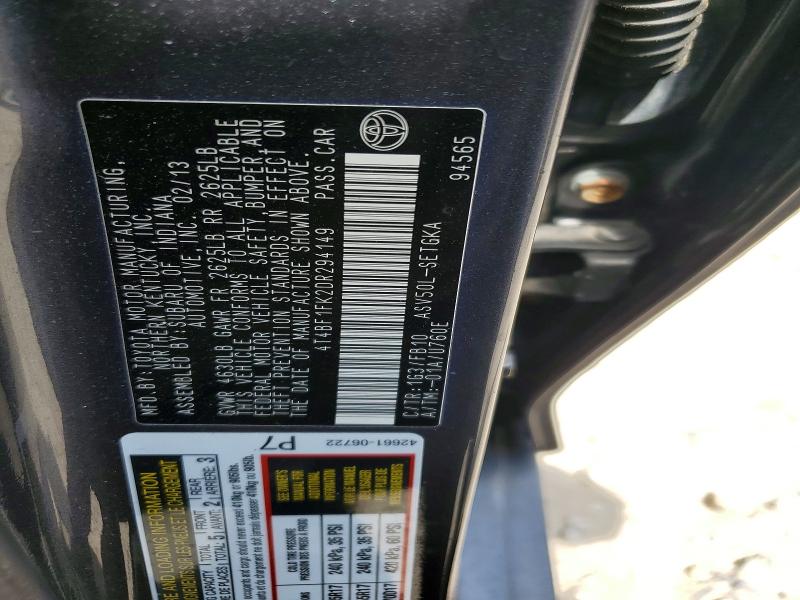 54652846 :رقم المزاد ، 4T4BF1FK2DR294149 vin ، 2013 Toyota Camry مزاد بيع