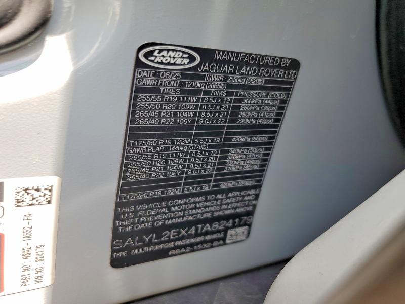 Продаж на аукціоні авто 2026 Land Rover Range Rover Velar, vin: SALYL2EX4TA824179, номер лоту: 58251146