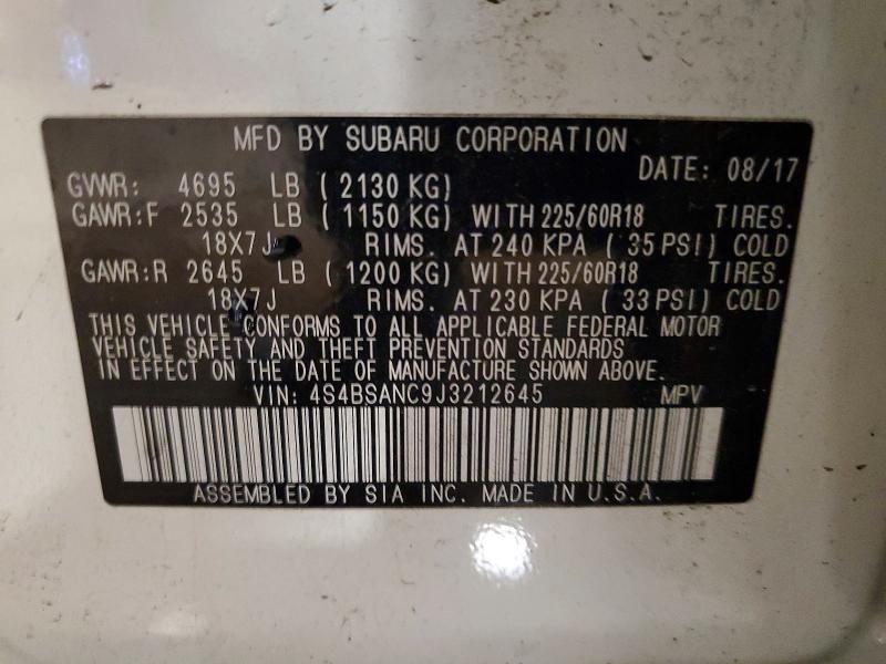 2018 Subaru Outback მანქანა იყიდება აუქციონზე, vin: 4S4BSANC9J3212645, აუქციონის ნომერი: 58922466