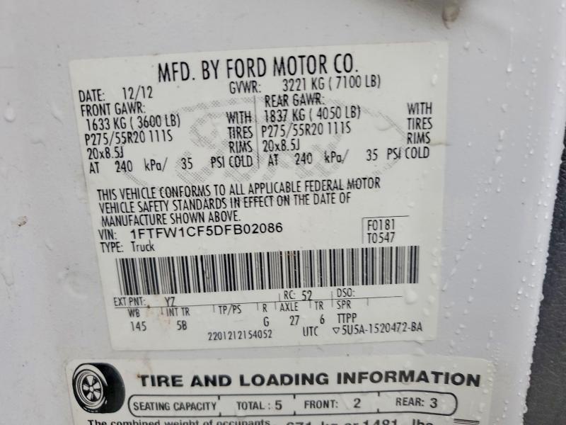 2013 Ford F150 მანქანა იყიდება აუქციონზე, vin: 1FTFW1CF5DFB02086, აუქციონის ნომერი: 49665856