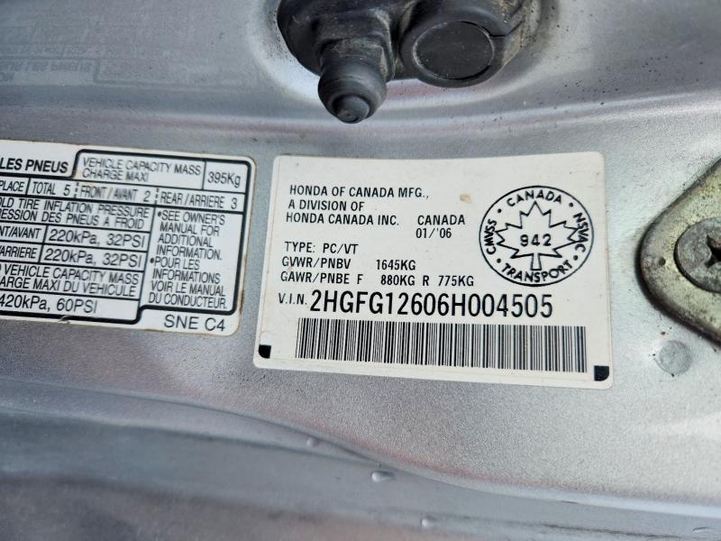 2006 Honda Civic მანქანა იყიდება აუქციონზე, vin: 2HGFG12606H004505, აუქციონის ნომერი: 57730656