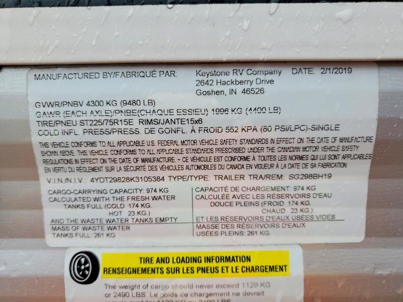 56412516 :رقم المزاد ، 4YDT29828K3105384 vin ، 2019 Keystone Springdale مزاد بيع
