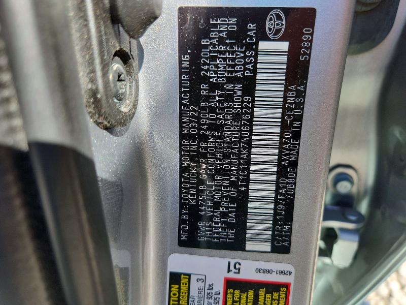 54461906 :رقم المزاد ، 4T1C11AK7NU676229 vin ، 2022 Toyota Camry مزاد بيع