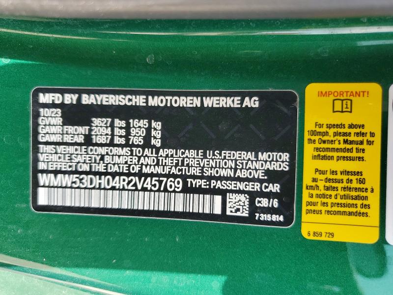 Продажа на аукционе авто 2024 Mini Cooper, vin: WMW53DH04R2V45769, номер лота: 56679946