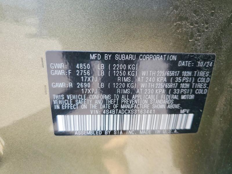 2025 Subaru Outback მანქანა იყიდება აუქციონზე, vin: 4S4BTADCXS3163441, აუქციონის ნომერი: 55849896