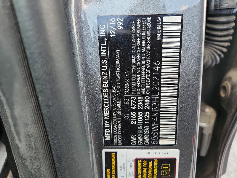 56974846 :رقم المزاد ، 55SWF4KB3HU202146 vin ، 2017 Mercedes-benz C مزاد بيع