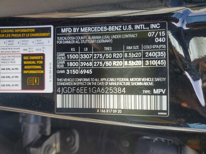 56315826 :رقم المزاد ، 4JGDF6EE1GA625384 vin ، 2016 Mercedes-benz Gl مزاد بيع