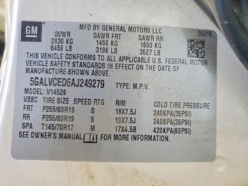 2010 Buick Enclave მანქანა იყიდება აუქციონზე, vin: 5GALVCED6AJ249279, აუქციონის ნომერი: 57941496