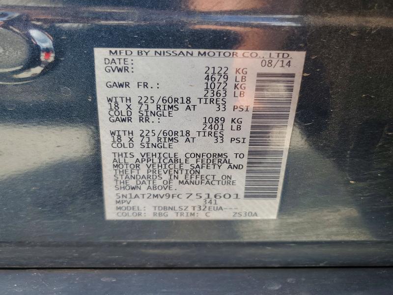 2015 Nissan Rogue მანქანა იყიდება აუქციონზე, vin: 5N1AT2MV9FC751601, აუქციონის ნომერი: 58034566