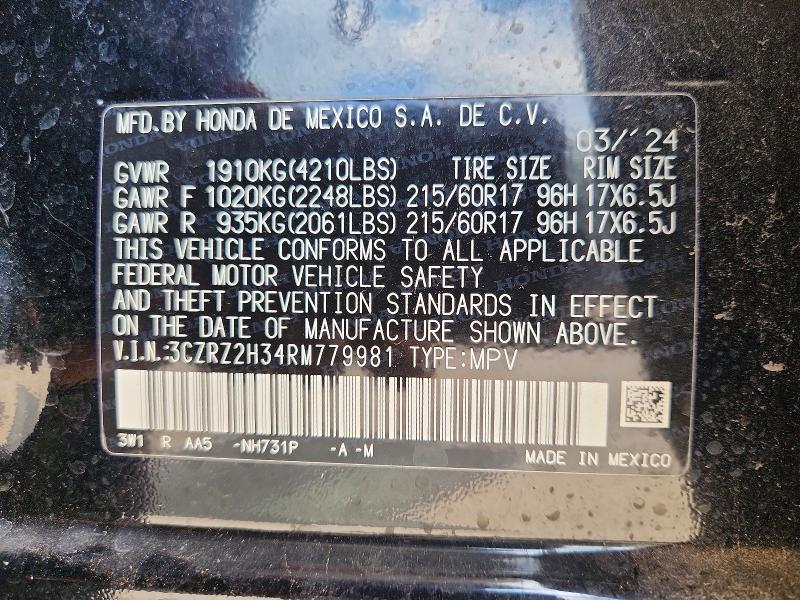 2024 Honda Hr-v მანქანა იყიდება აუქციონზე, vin: 3CZRZ2H34RM779981, აუქციონის ნომერი: 55890866