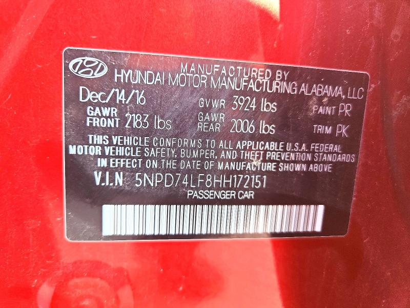 Продаж на аукціоні авто 2017 Hyundai Elantra, vin: 5NPD74LF8HH172151, номер лоту: 59068576