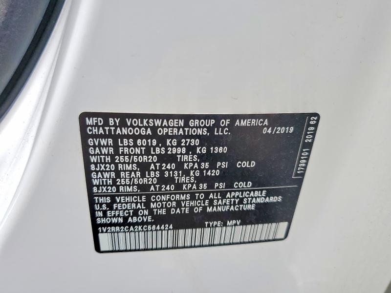 Продаж на аукціоні авто 2019 Volkswagen Atlas, vin: 1V2RR2CA2KC564424, номер лоту: 55501636