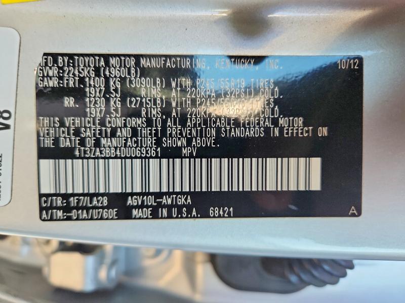 2013 Toyota Venza მანქანა იყიდება აუქციონზე, vin: 4T3ZA3BB4DU069361, აუქციონის ნომერი: 57159626