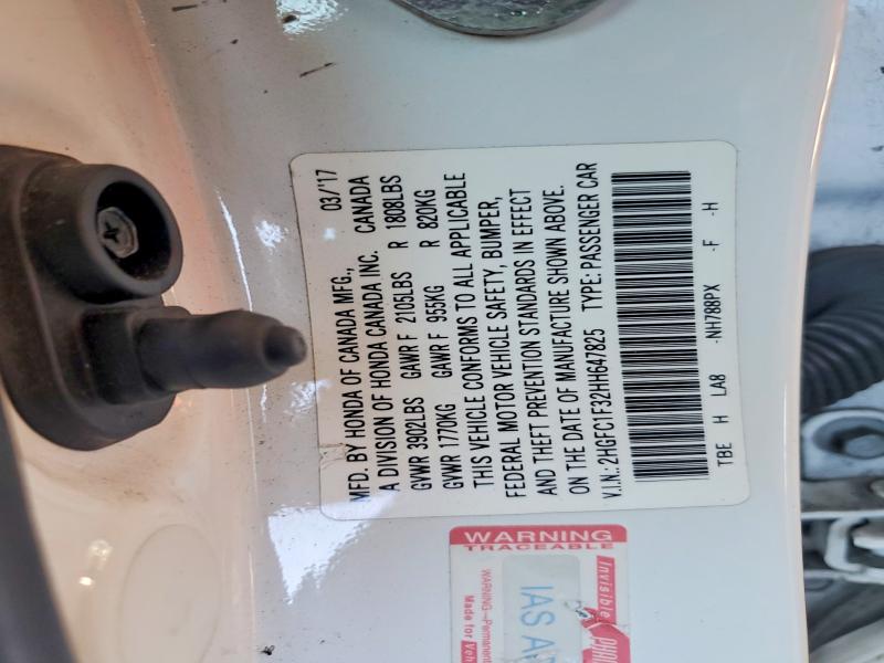 Продаж на аукціоні авто 2017 Honda Civic, vin: 2HGFC1F32HH647825, номер лоту: 58782576