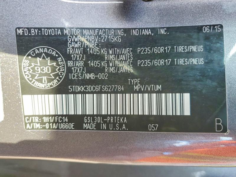 Aukcja sprzedaży 2015 Toyota Sienna, vin: 5TDKK3DC6FS627784, numer aukcji: 59095586