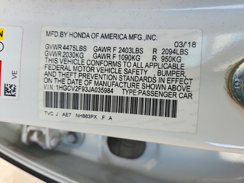 Auction sale of the 2018 Honda Accord, vin: 1HGCV2F93JA035984, lot number: 56682386