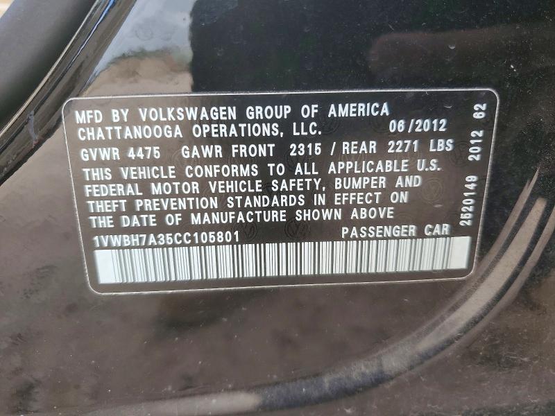 2012 Volkswagen Passat მანქანა იყიდება აუქციონზე, vin: 1VWBH7A35CC105801, აუქციონის ნომერი: 56718286