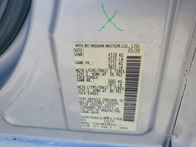 2020 Nissan Nv მანქანა იყიდება აუქციონზე, vin: 5BZBF0AA0LN851298, აუქციონის ნომერი: 57039446