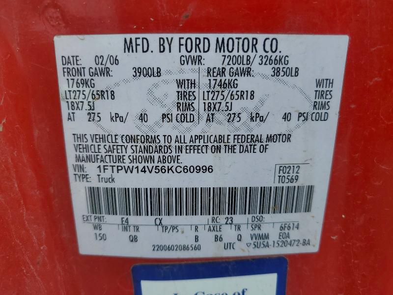 2006 Ford F150 მანქანა იყიდება აუქციონზე, vin: 1FTPW14V56KC60996, აუქციონის ნომერი: 57930956