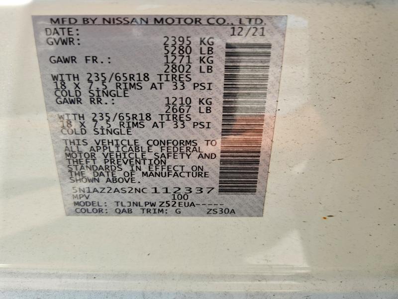 58706856 :رقم المزاد ، 5N1AZ2AS2NC112337 vin ، 2022 Nissan Murano مزاد بيع