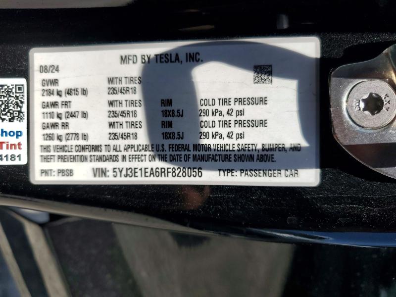 58937026 :رقم المزاد ، 5YJ3E1EA6RF828056 vin ، 2024 Tesla Model 3 مزاد بيع