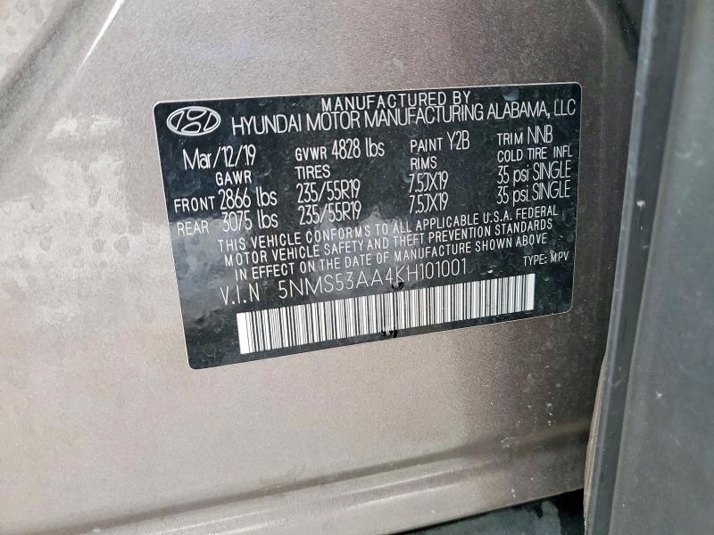 Aukcja sprzedaży 2019 Hyundai Santa Fe, vin: 5NMS53AA4KH101001, numer aukcji: 56419096