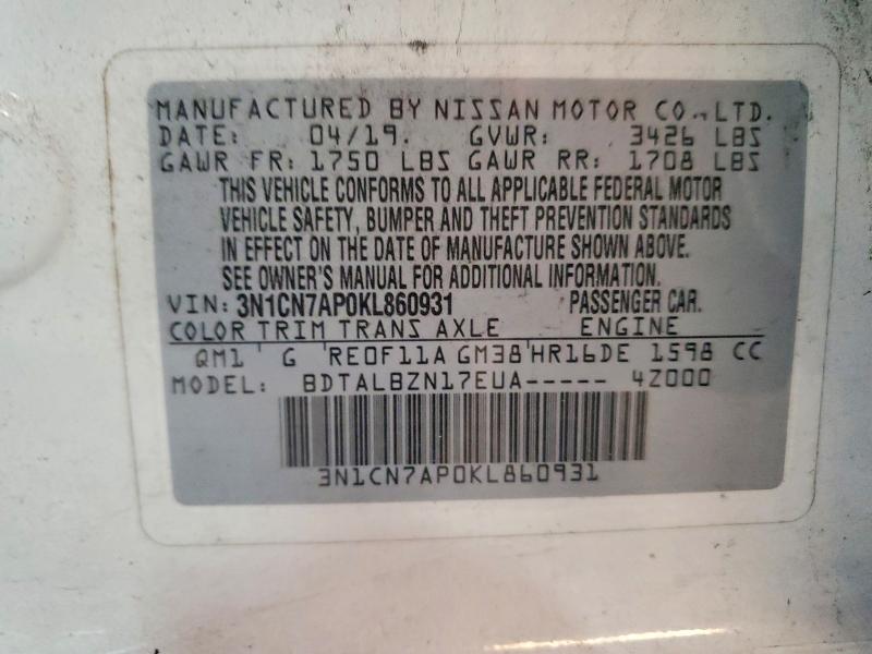 Продажа на аукционе авто 2019 Nissan Versa, vin: 3N1CN7AP0KL860931, номер лота: 55761476
