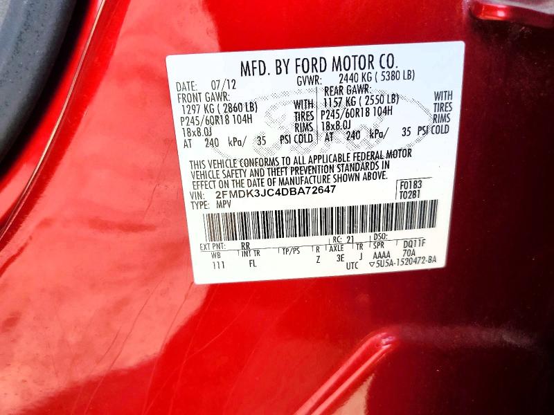 2013 Ford Edge მანქანა იყიდება აუქციონზე, vin: 2FMDK3JC4DBA72647, აუქციონის ნომერი: 56491526