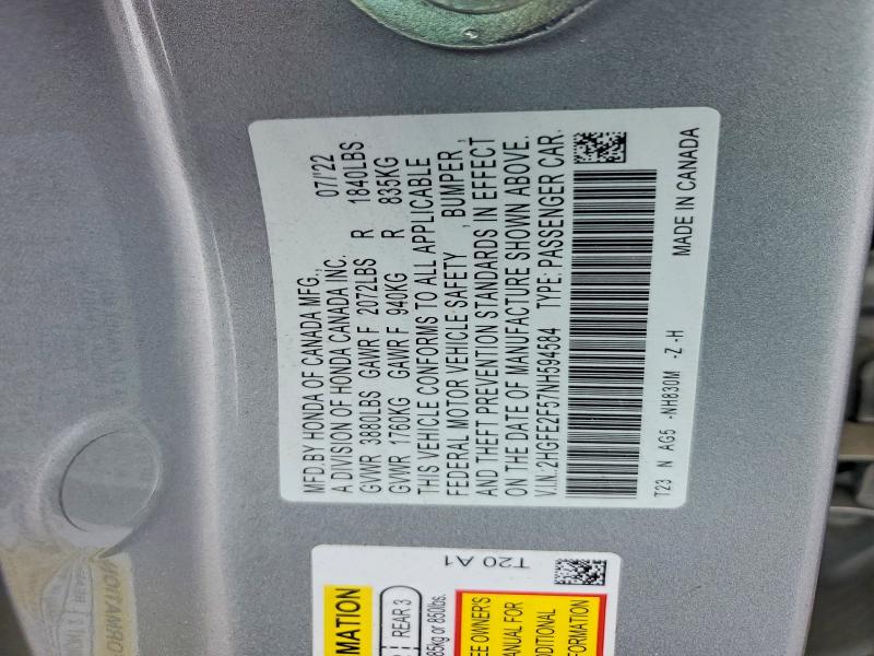 2022 Honda Civic მანქანა იყიდება აუქციონზე, vin: 2HGFE2F57NH594584, აუქციონის ნომერი: 58115766