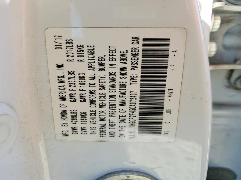 Auction sale of the 2012 Honda Accord, vin: 1HGCP2F45CA072407, lot number: 57681016