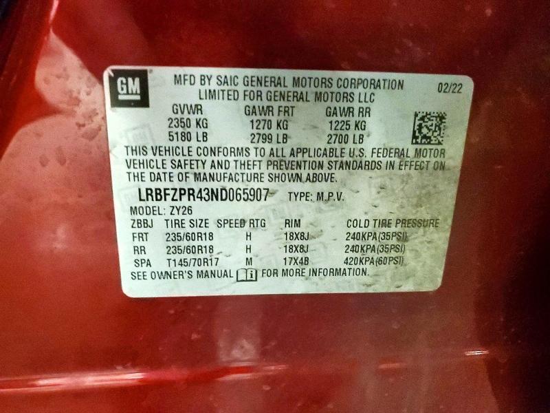 Aukcja sprzedaży 2022 Buick Envision, vin: LRBFZPR43ND065907, numer aukcji: 56422196