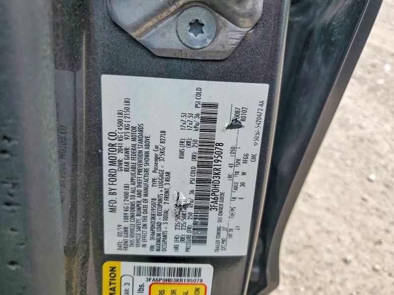 Продаж на аукціоні авто 2019 Ford Fusion, vin: 3FA6P0HD3KR195078, номер лоту: 56822086