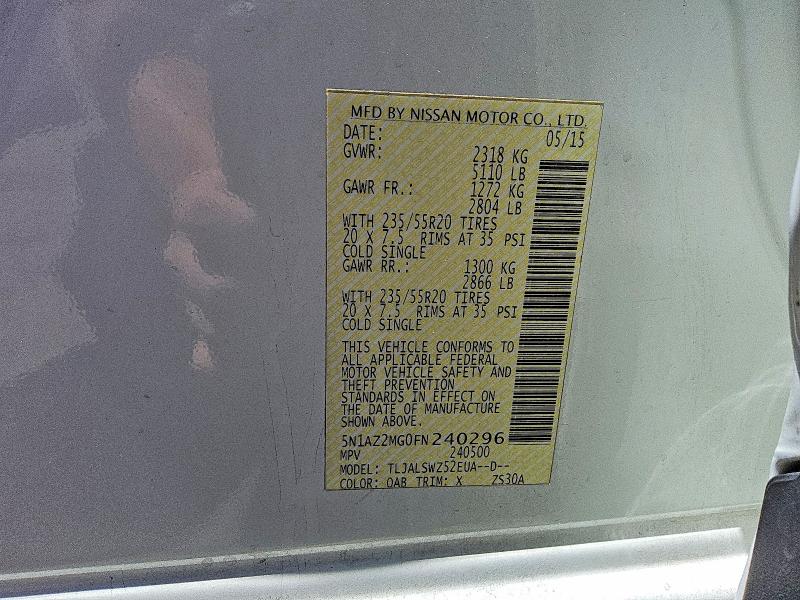 Продажа на аукционе авто 2015 Nissan Murano, vin: 5N1AZ2MG0FN240296, номер лота: 85970105