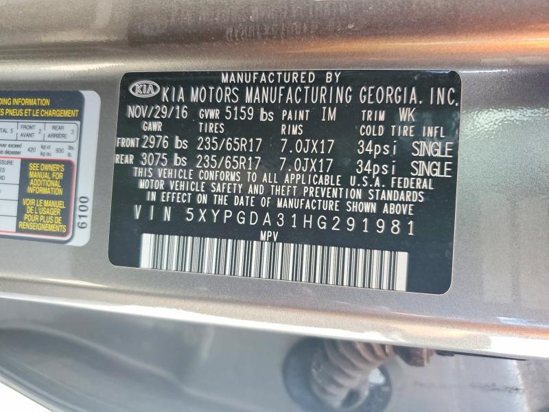 Продаж на аукціоні авто 2017 Kia Sorento, vin: 5XYPGDA31HG291981, номер лоту: 57712336