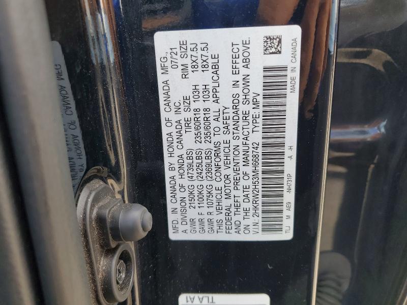 Продаж на аукціоні авто 2021 Honda Cr-v, vin: 2HKRW2H53MH668742, номер лоту: 56539526