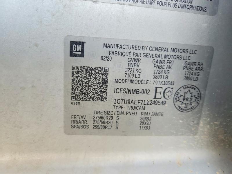 2020 Gmc Sierra მანქანა იყიდება აუქციონზე, vin: 1GTU9AEF7LZ249549, აუქციონის ნომერი: 57706486