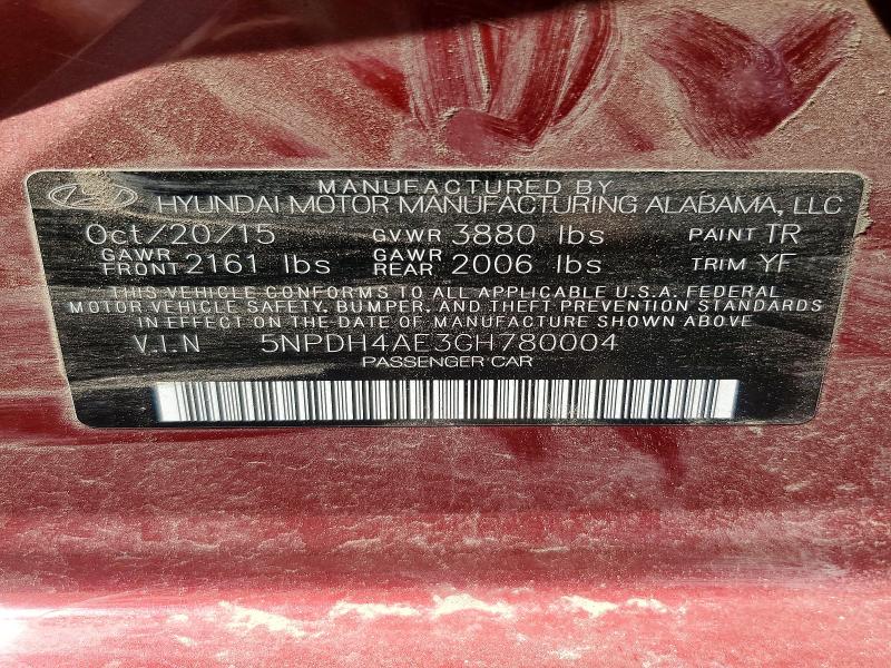 56831286 :رقم المزاد ، 5NPDH4AE3GH780004 vin ، 2016 Hyundai Elantra مزاد بيع