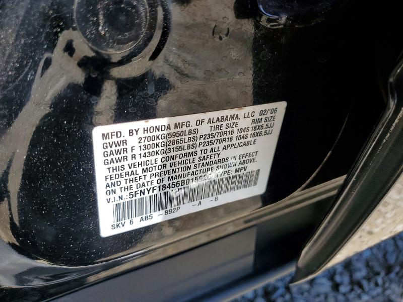 Aukcja sprzedaży 2006 Honda Pilot, vin: 5FNYF18456B015926, numer aukcji: 55982066